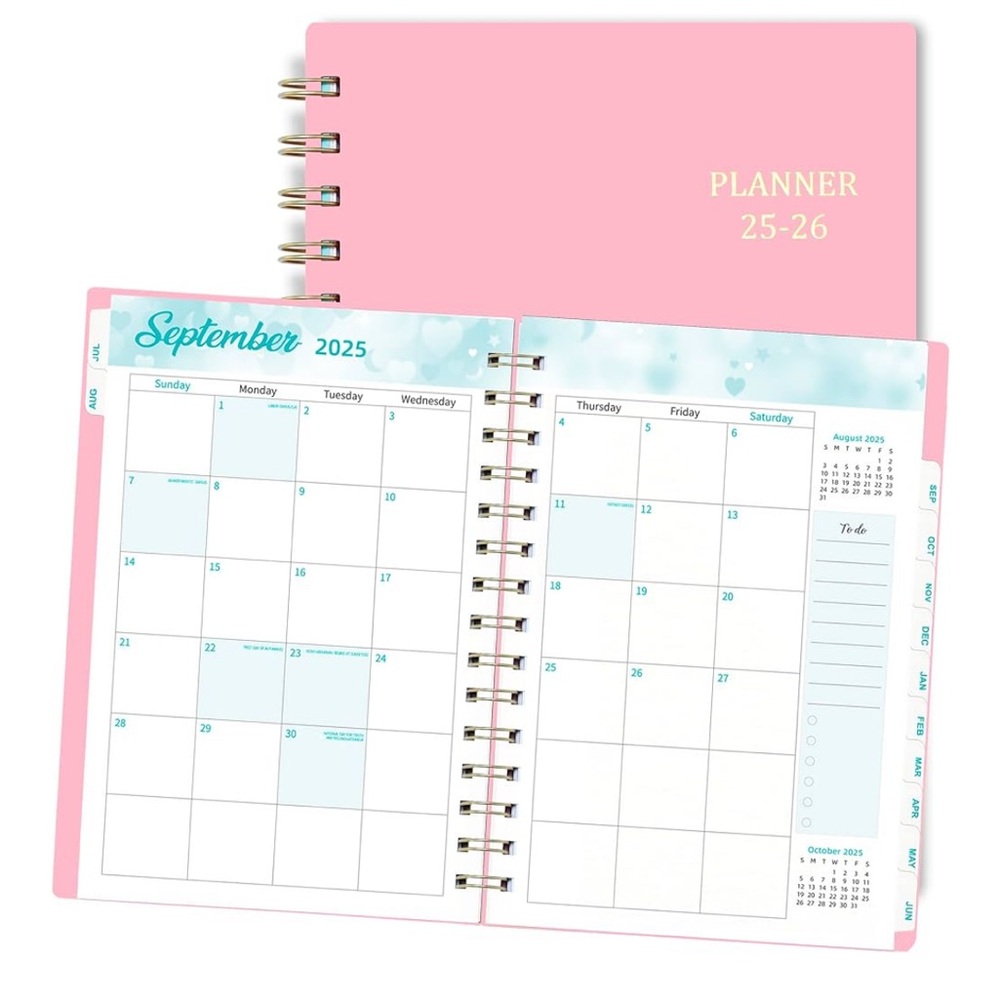 Pink Monthly Planner Book with Tabs and Pocket 2025-2026 Academic Planner